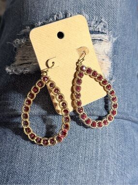 Gold Teardrop Earrings with Burgundy Garnet Stones Gold Tone - Women Jewelry